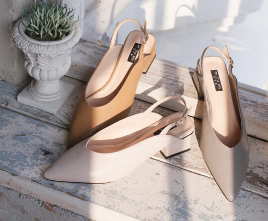 Beige and brown pointed leather mules with heels