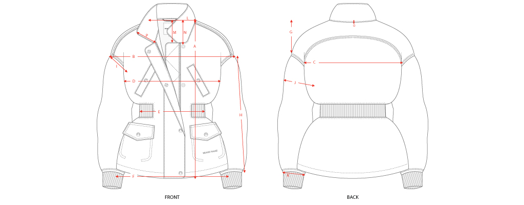 Specification sheet showing design details of a Bomber jacket.